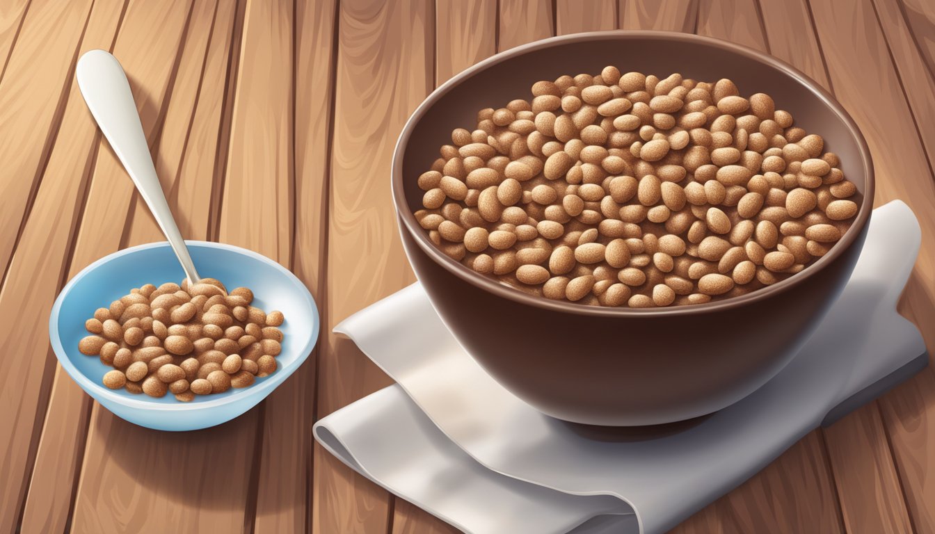 A bowl of cocoa pebbles cereal with milk and a spoon on a wooden table