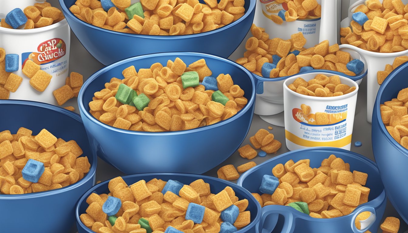 A bowl of Cap'n Crunch cereal surrounded by measuring cups and nutrition labels