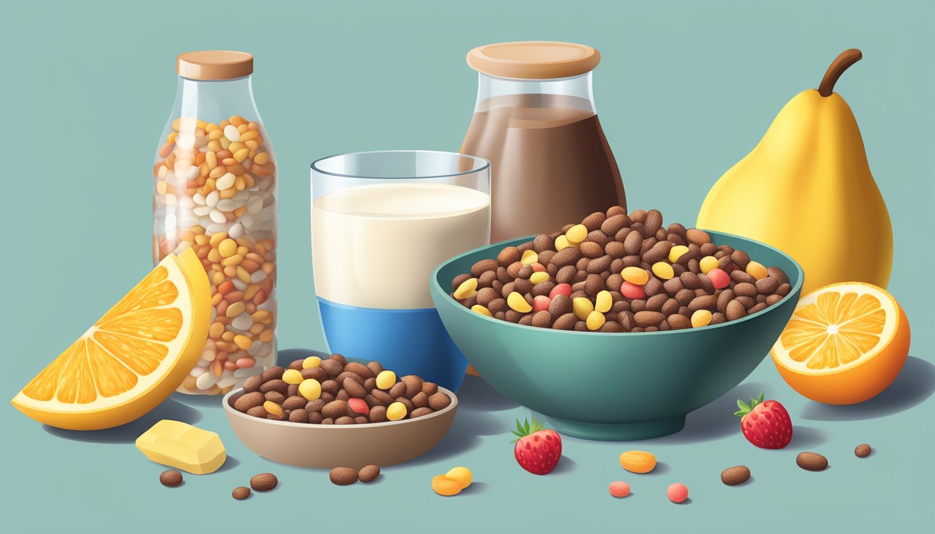 A bowl of cocoa pebbles with a variety of fruits and a glass of milk next to a bottle of vitamins and minerals