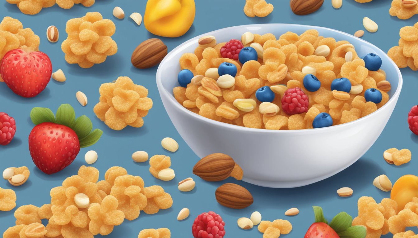 A bowl of Cap'n Crunch cereal with a glass of milk on the side, surrounded by various fruits and nuts