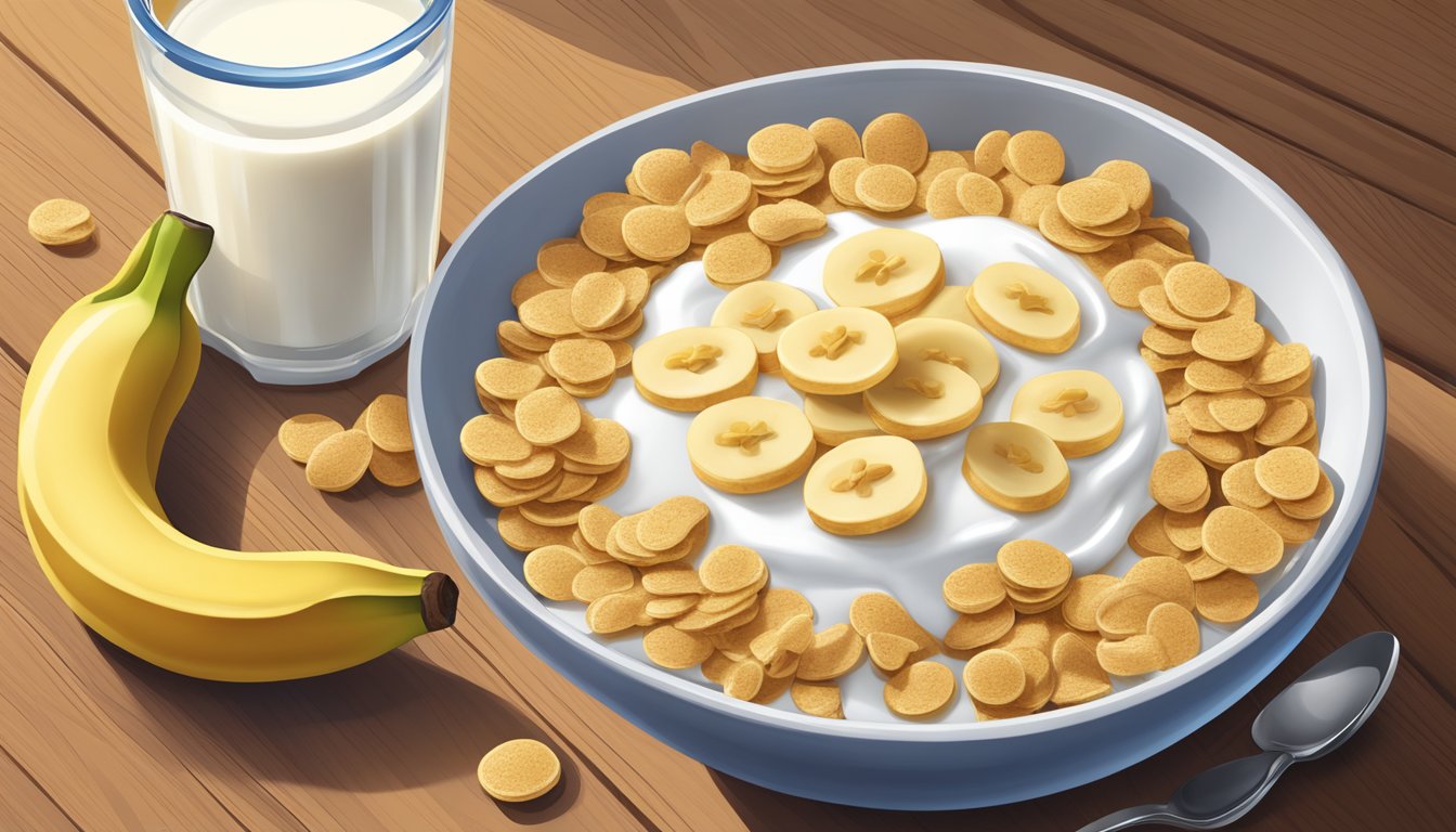 A bowl of Golden Grahams cereal surrounded by a glass of milk, a spoon, and a banana on a wooden table