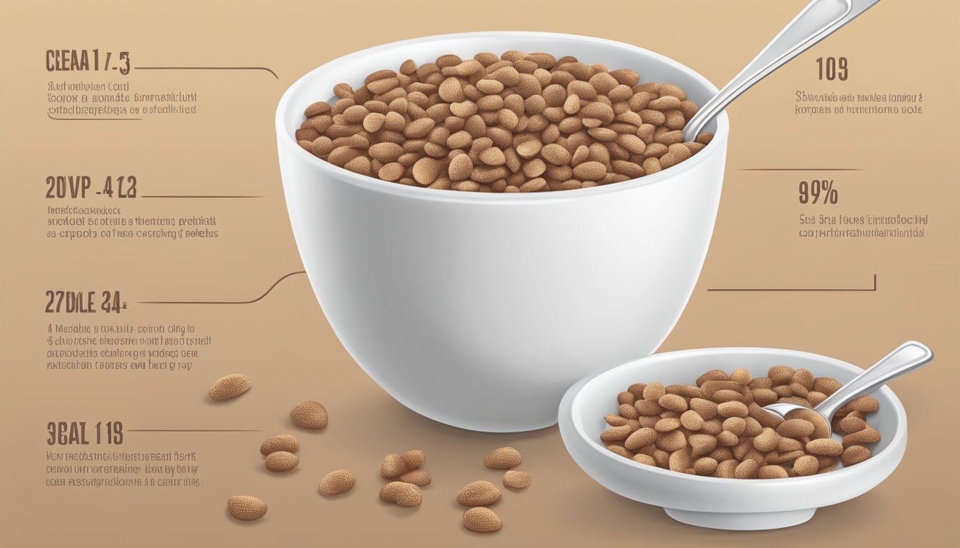 A bowl of cocoa pebbles cereal with a splash of milk, a spoon, and a measuring cup showing the nutritional information