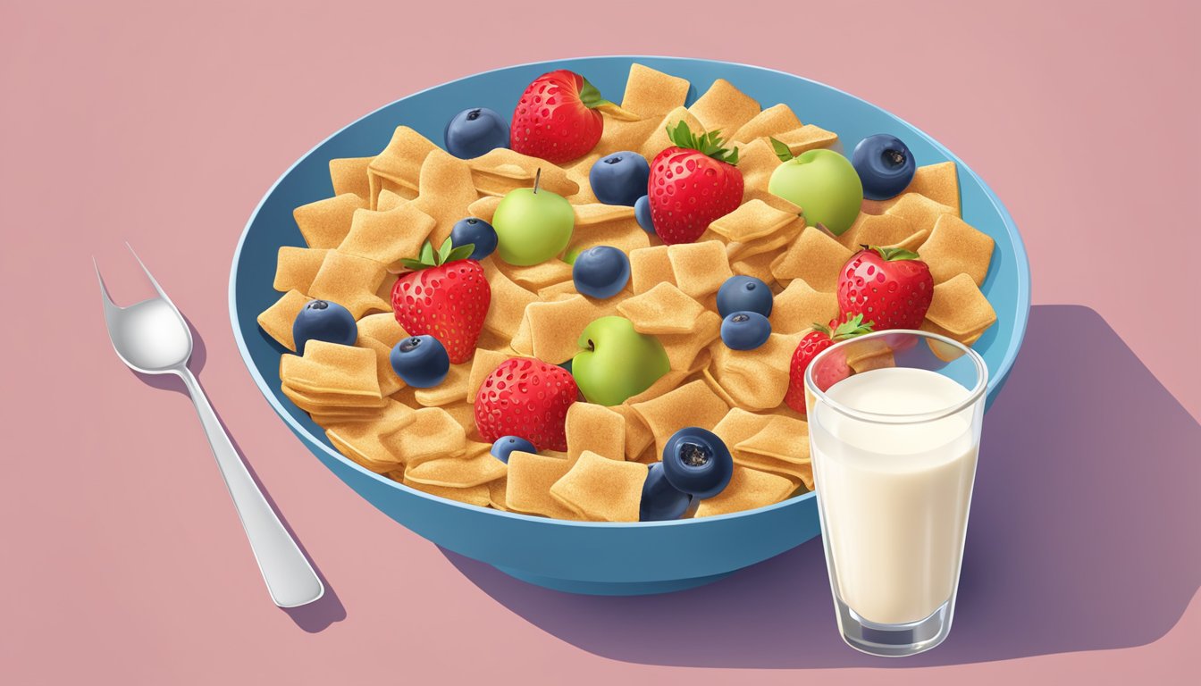 A bowl of golden grahams cereal surrounded by a variety of fresh fruits and a glass of milk