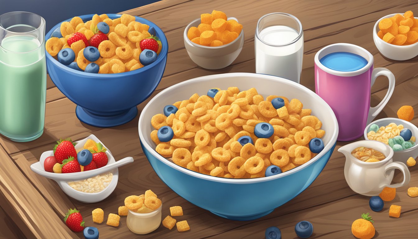 A bowl of Cap'n Crunch cereal with various milk options and a side of fresh fruit on a wooden table