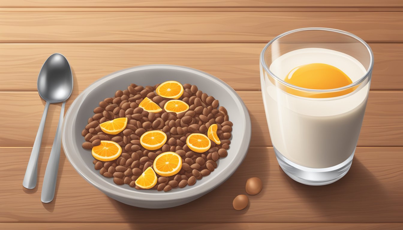 A bowl of cocoa pebbles cereal with milk, a spoon, and a glass of orange juice on a wooden table