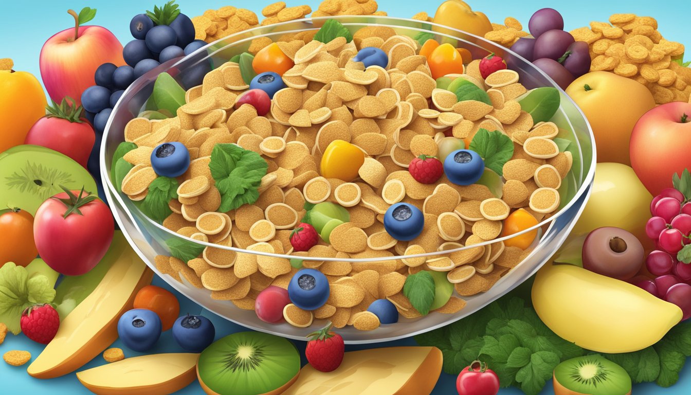 A bowl of golden grahams cereal surrounded by an assortment of colorful fruits and vegetables, with vitamin and mineral supplements scattered around