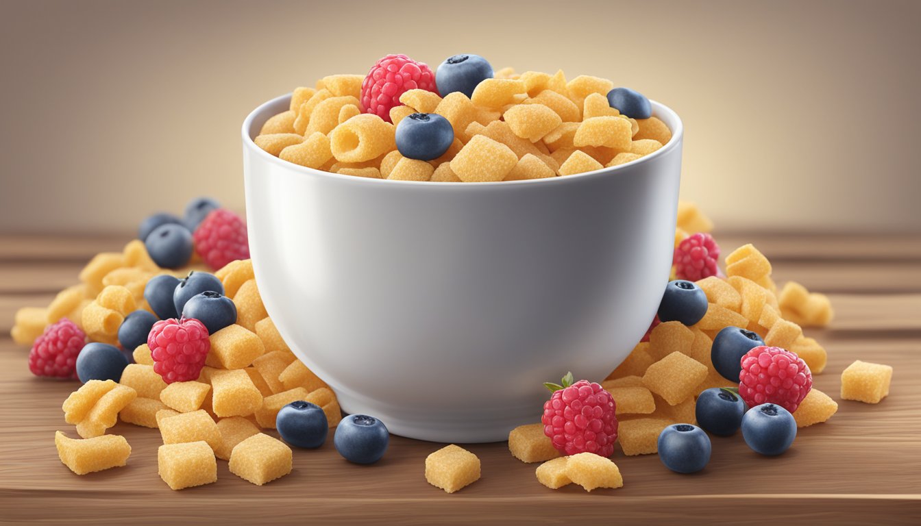 A bowl of Cap'n Crunch cereal surrounded by fresh berries and a glass of milk on a wooden table