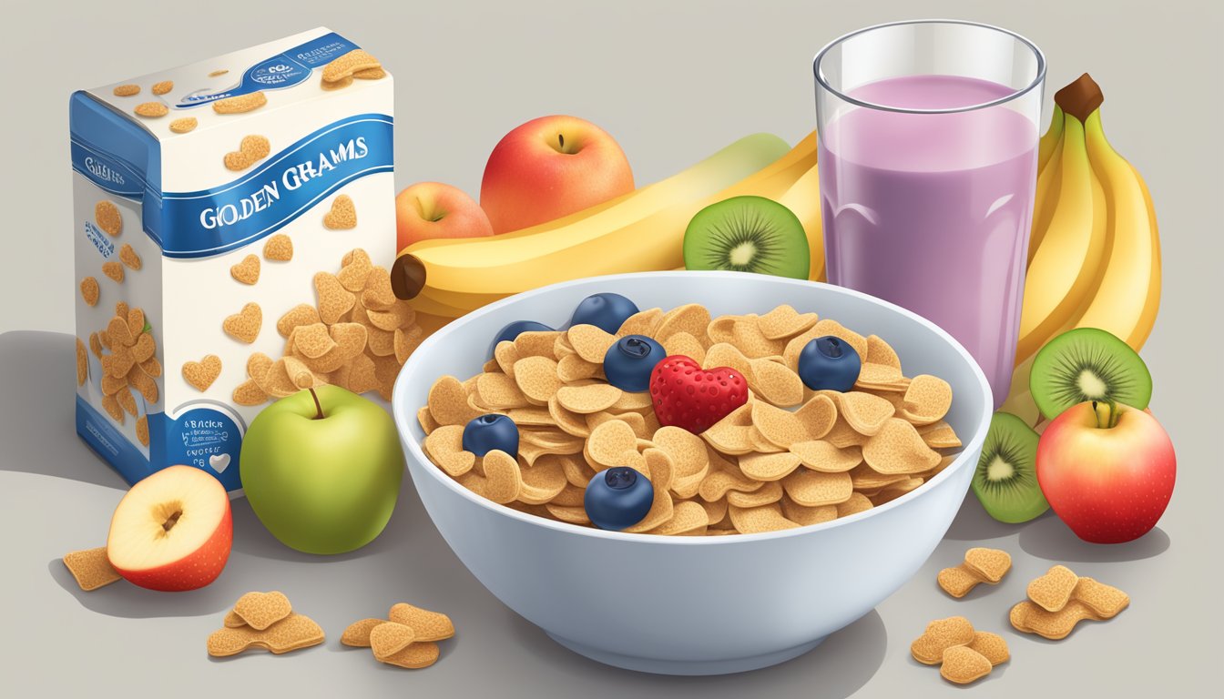 A bowl of Golden Grahams cereal surrounded by various fruits and a glass of milk, with a nutrition label and a healthy heart in the background