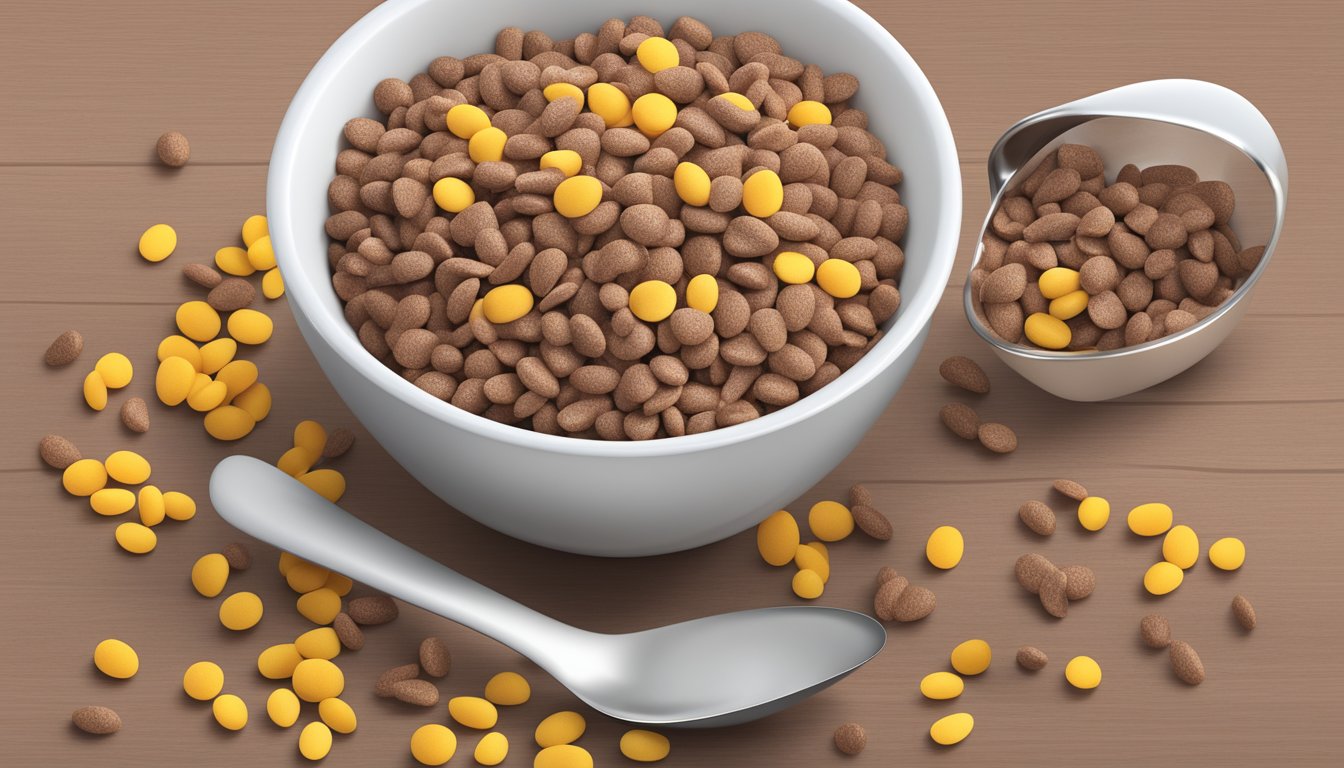 A bowl of cocoa pebbles cereal surrounded by a measuring cup, spoon, and nutrition label