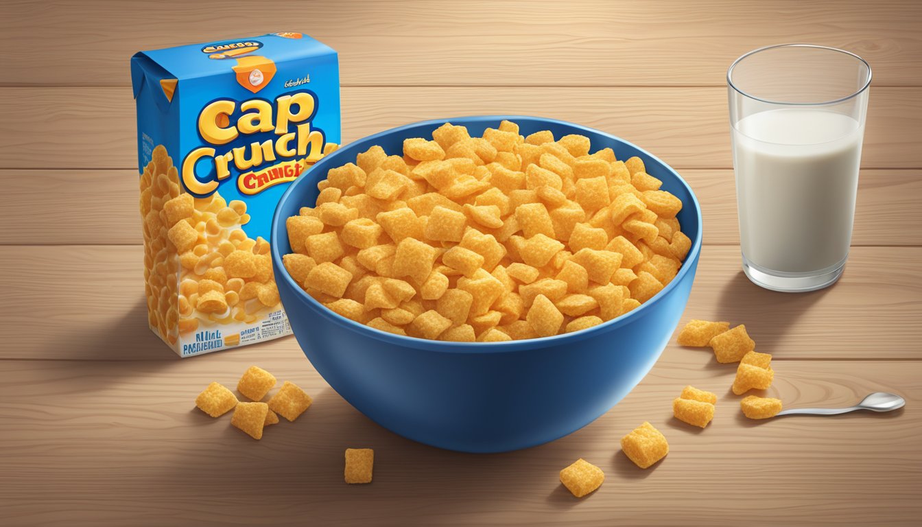 A bowl of Cap'n Crunch cereal next to a carton of milk and a spoon on a wooden table