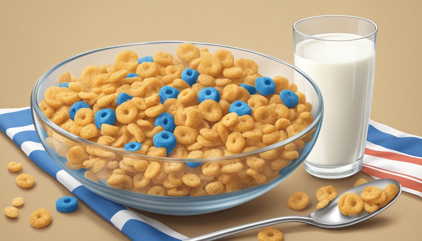 A bowl of Cap'n Crunch cereal surrounded by a glass of milk, a spoon, and a nutrition label