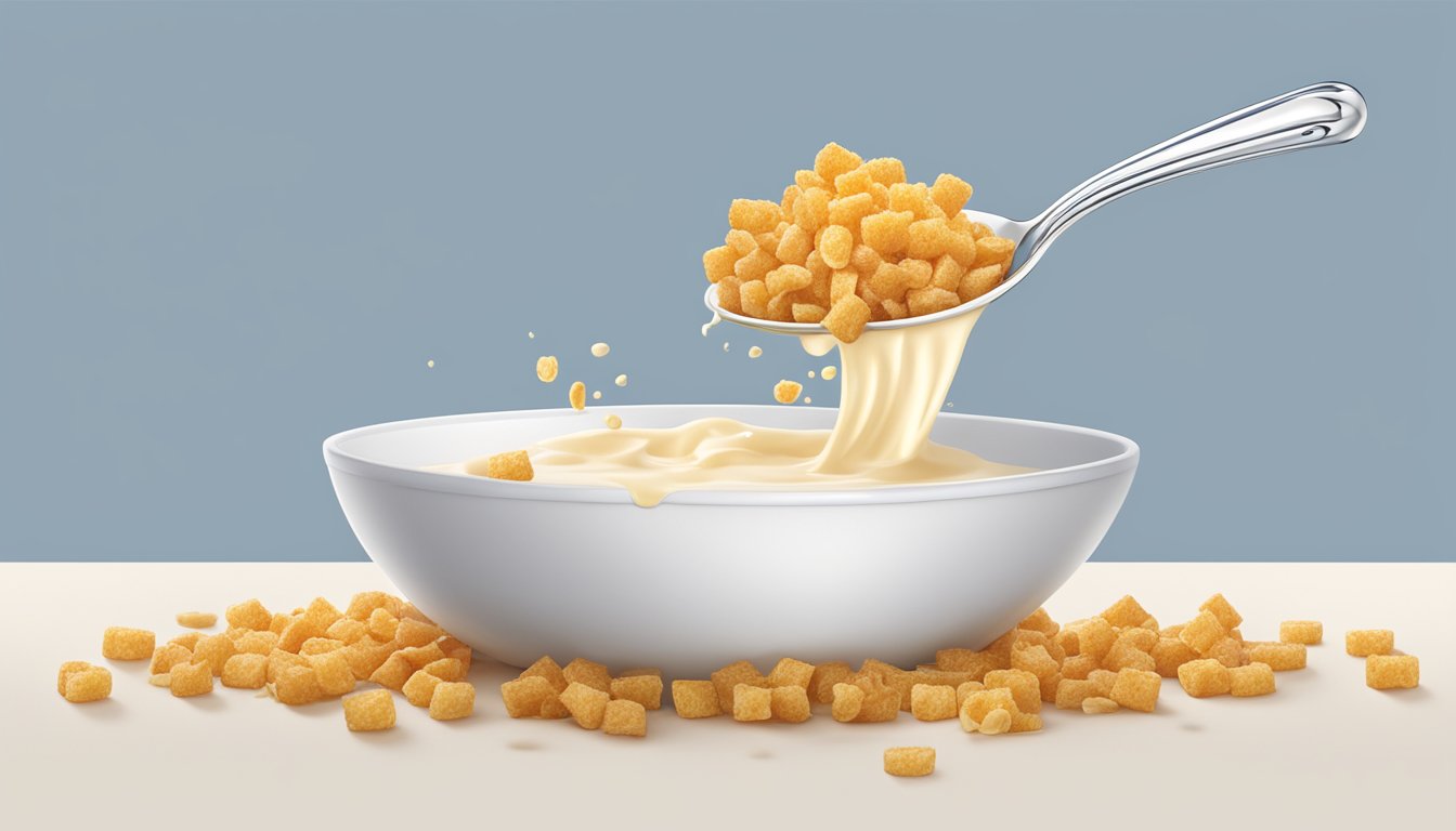 A bowl of Cap'n Crunch cereal pouring into a spoon with milk splashing in