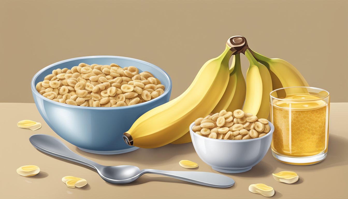 A bowl of Honey Smacks cereal surrounded by a glass of milk, a spoon, and a banana