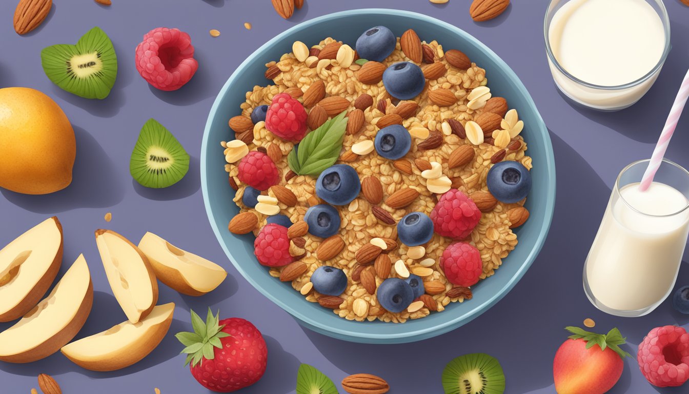 A bowl of Bear Naked granola surrounded by fresh fruits and nuts, with a glass of milk on the side