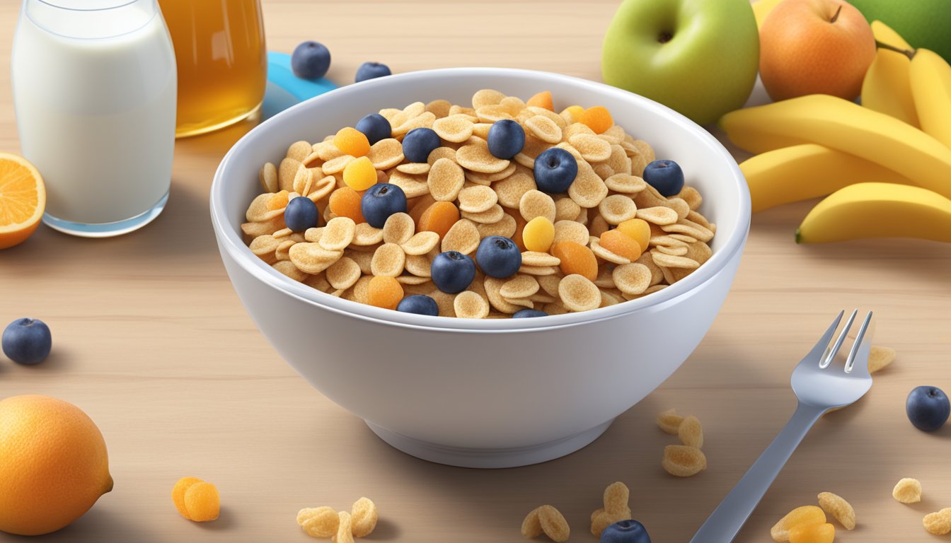 A bowl of honey smacks cereal surrounded by fresh fruits and a glass of milk, with a nutrition label in the background