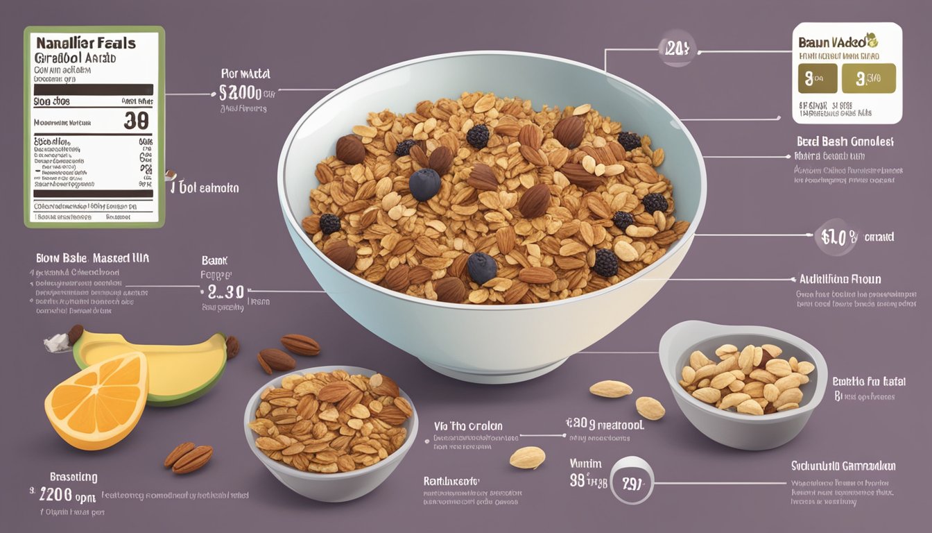 A bowl of Bear Naked granola surrounded by various ingredients, with a nutrition label in the background