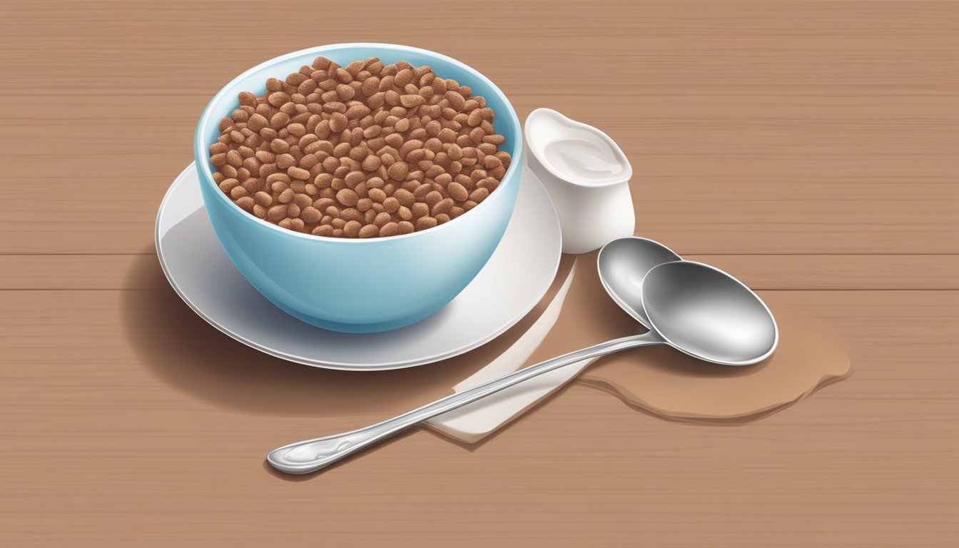 A bowl of Cocoa Krispies cereal with milk and a spoon on a table