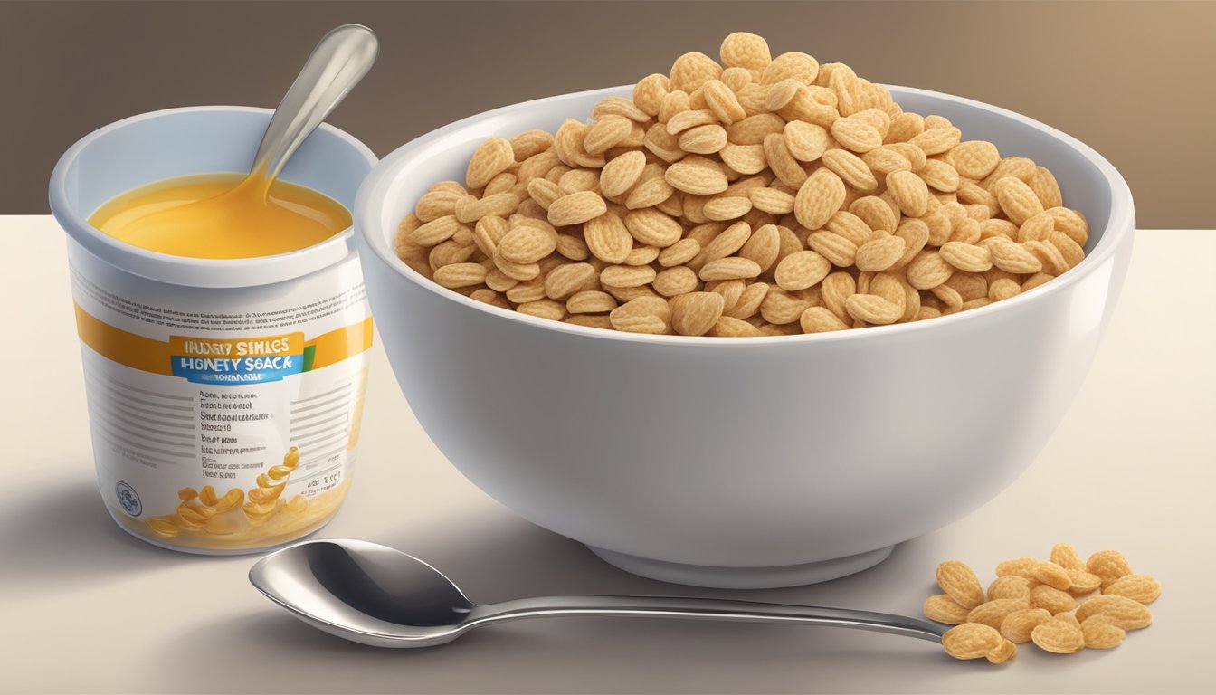 A bowl of honey smacks cereal, surrounded by a spoon and a glass of milk, with the nutrition facts label visible