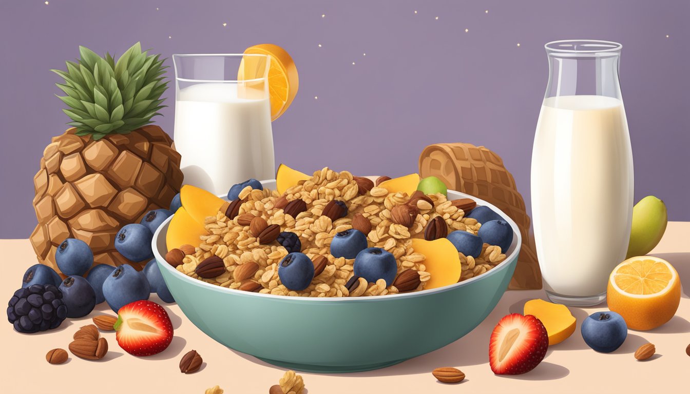 A bowl of Bear Naked granola surrounded by various fruits and nuts, with a glass of milk on the side