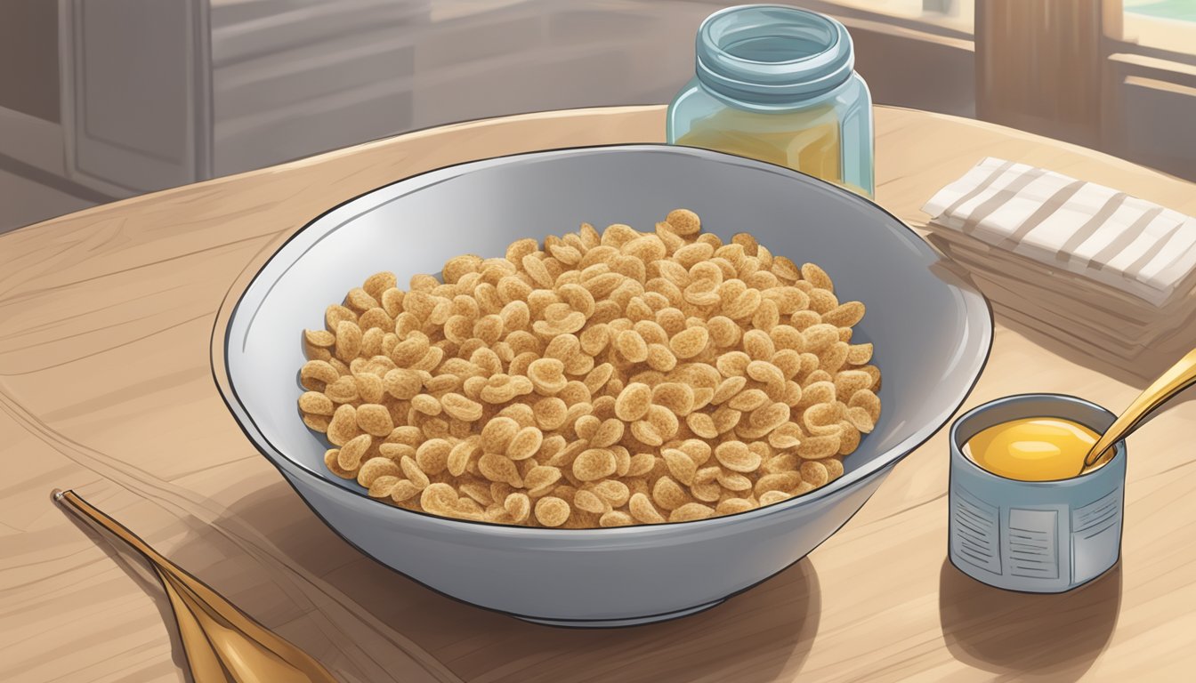 A bowl of honey smacks cereal with a label listing allergens and dietary restrictions