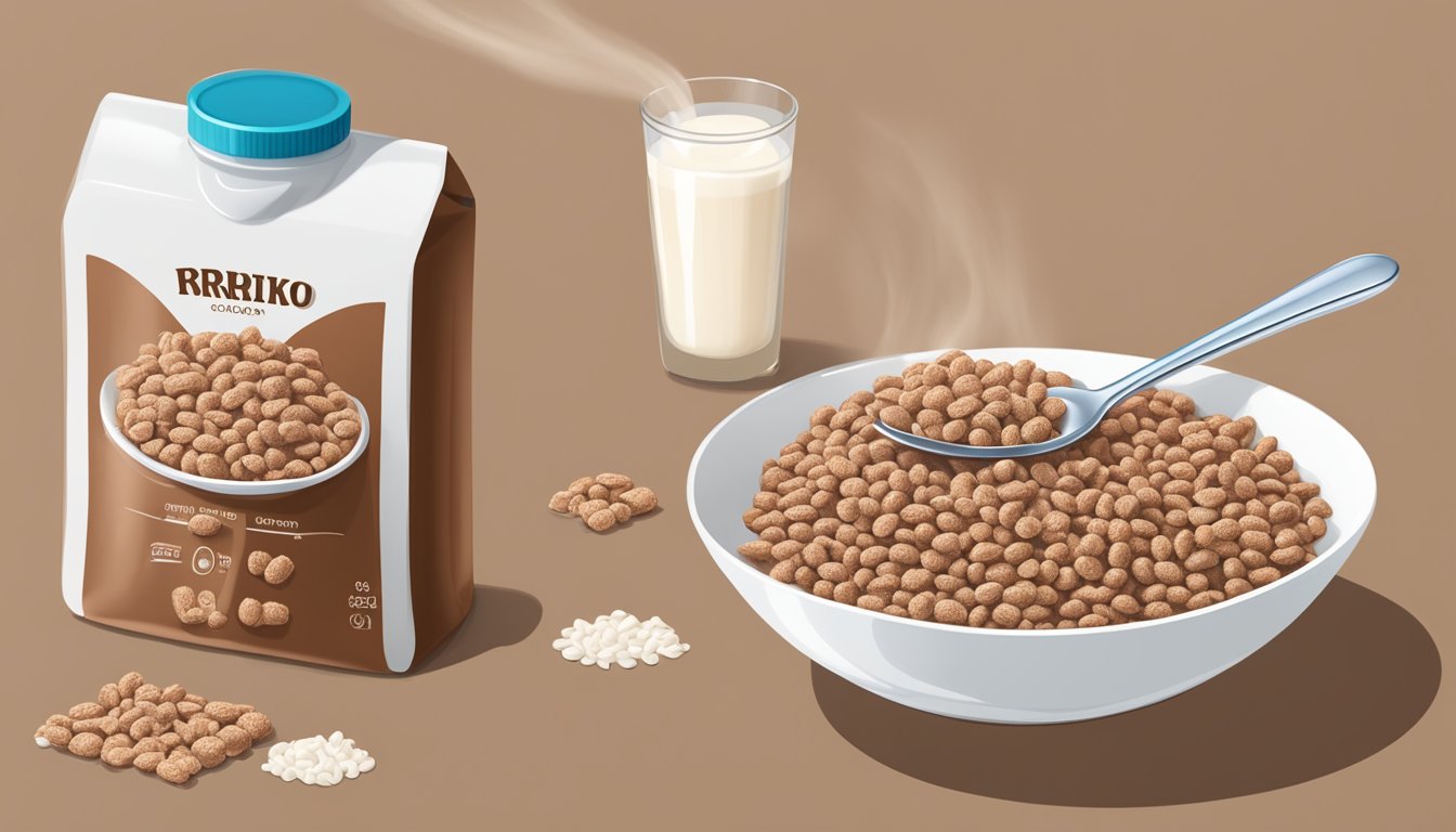 A bowl of Cocoa Krispies pouring into milk, with a spoon and nutrition label nearby