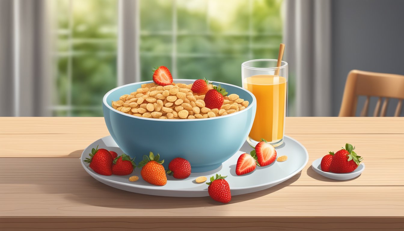 A bowl of Honey Smacks cereal with fresh strawberries and a glass of milk on a wooden breakfast table