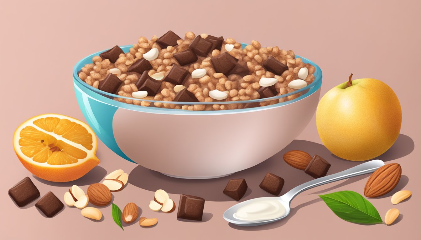 A bowl of cocoa krispies cereal with a glass of almond milk, surrounded by various fruits and nuts