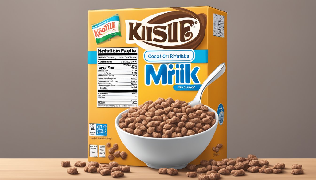 A bowl of Cocoa Krispies cereal next to a carton of milk, with a nutrition label and packaging displayed prominently