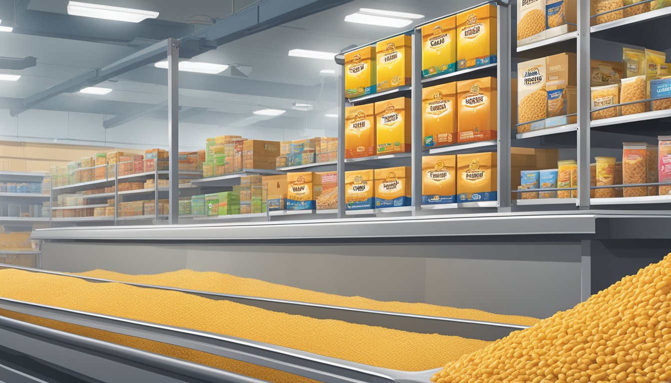 A factory conveyor belt moves boxes of Honey Smacks cereal while a large sign displays nutritional information and the brand logo