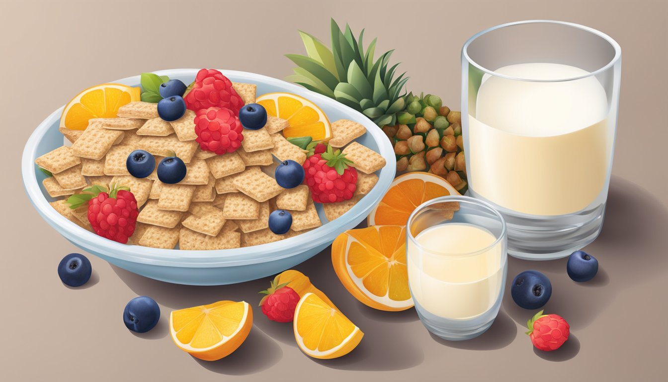 A bowl of frosted mini wheats surrounded by a variety of fruits and a glass of milk