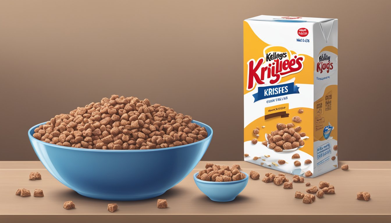 A bowl of Cocoa Krispies cereal beside a carton of milk and the Kellogg's logo