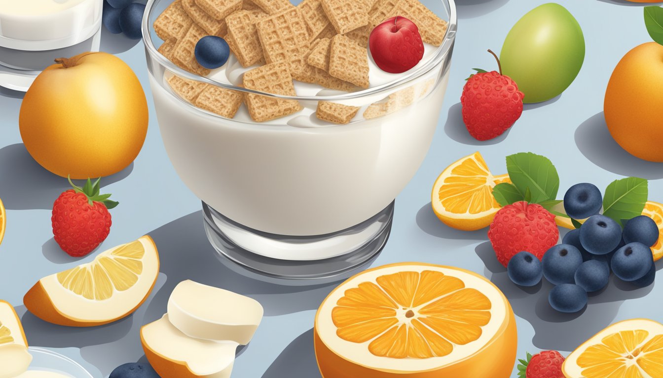 A bowl of frosted mini wheats surrounded by various fruits and a glass of milk