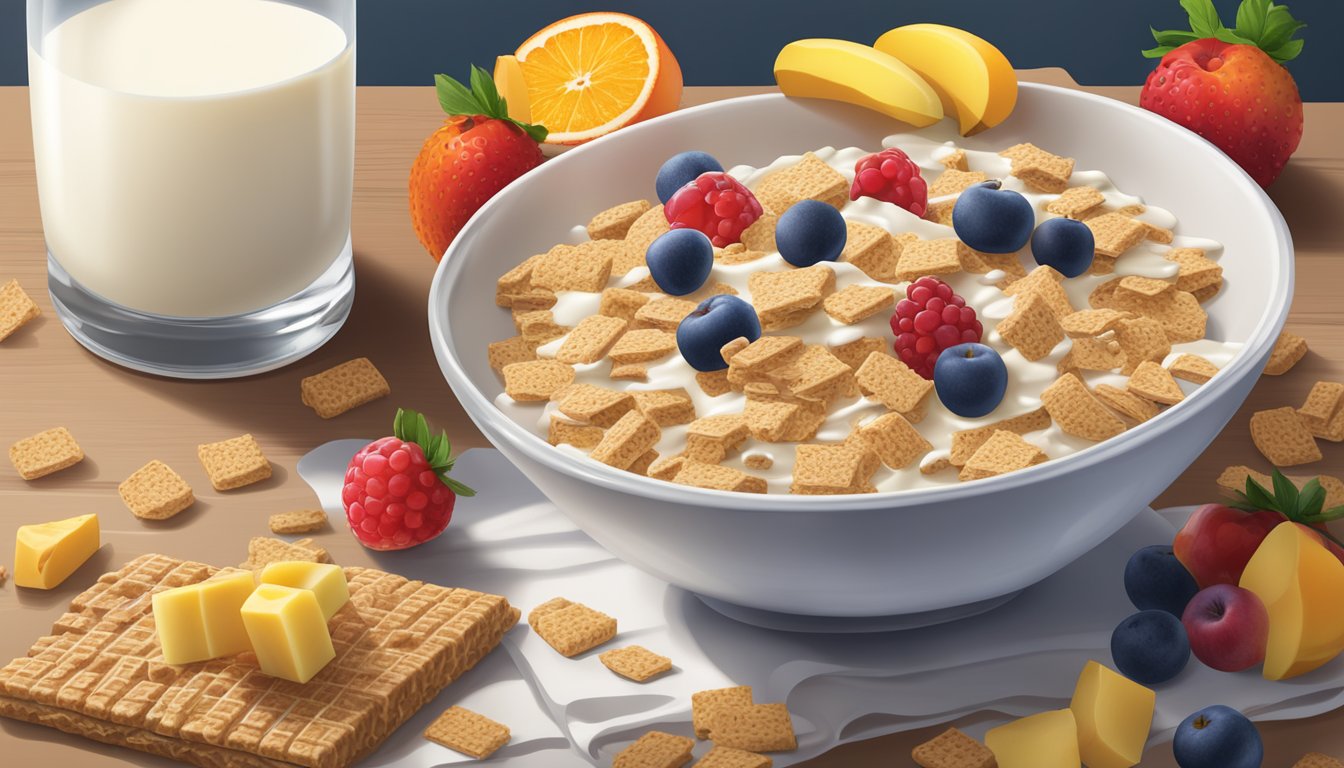 A bowl of frosted mini wheats surrounded by fruits and a glass of milk on a table