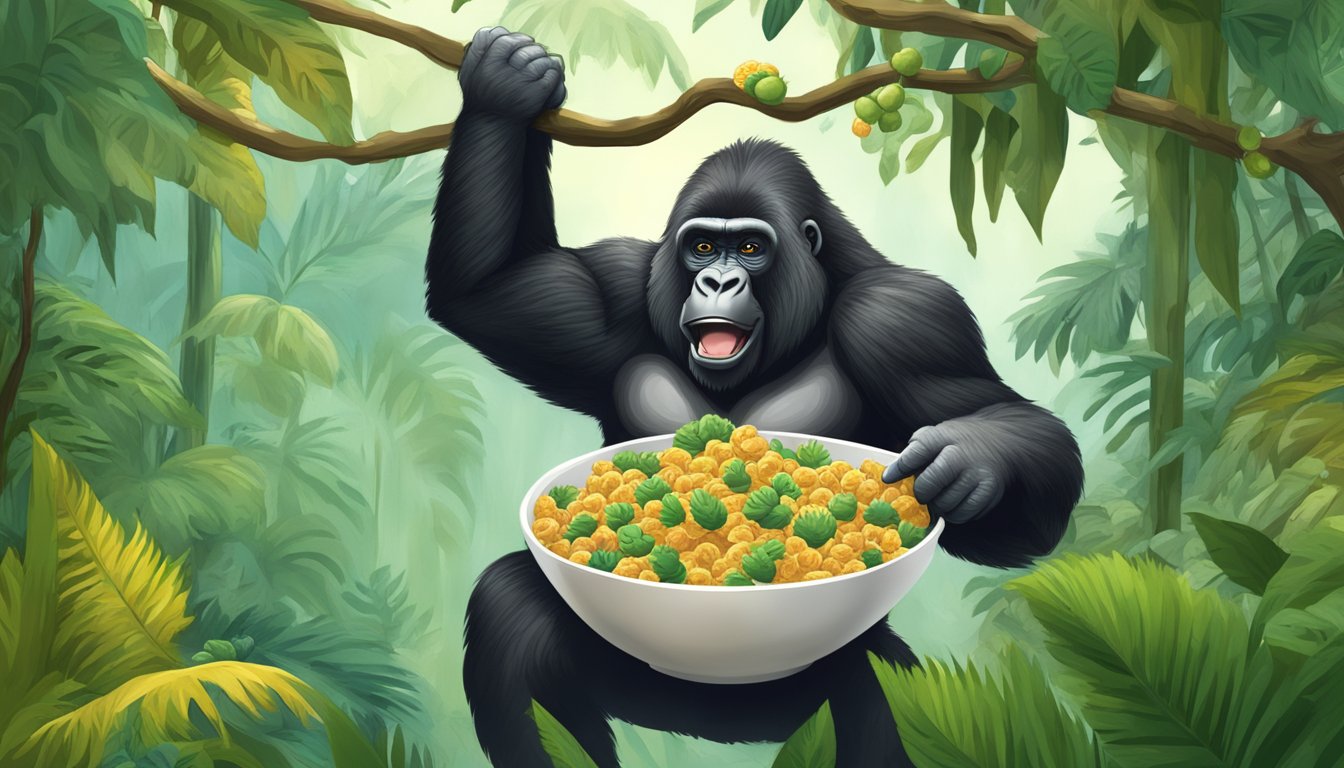 A playful gorilla mascot swings from a vine, holding a bowl of Gorilla Munch cereal in a lush jungle setting