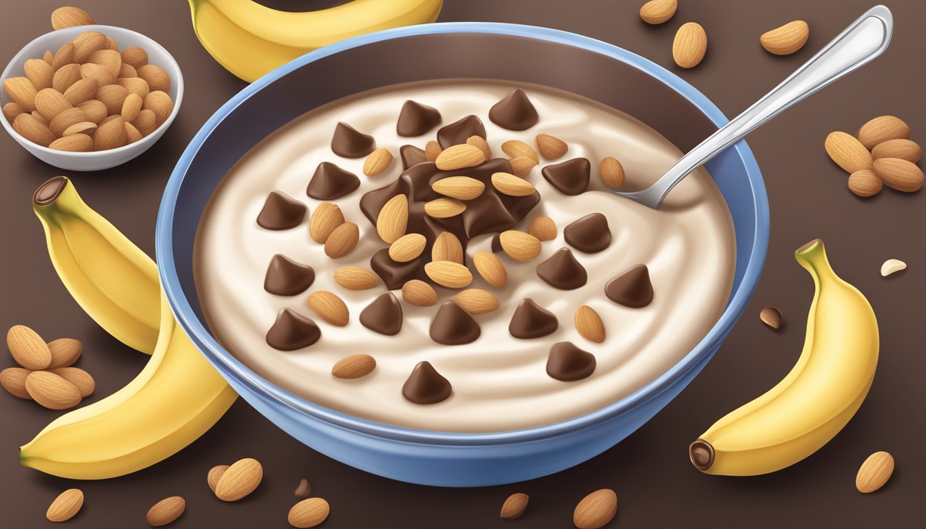 A bowl of Count Chocula cereal with added components like sliced bananas and almonds, surrounded by a glass of milk and a spoon