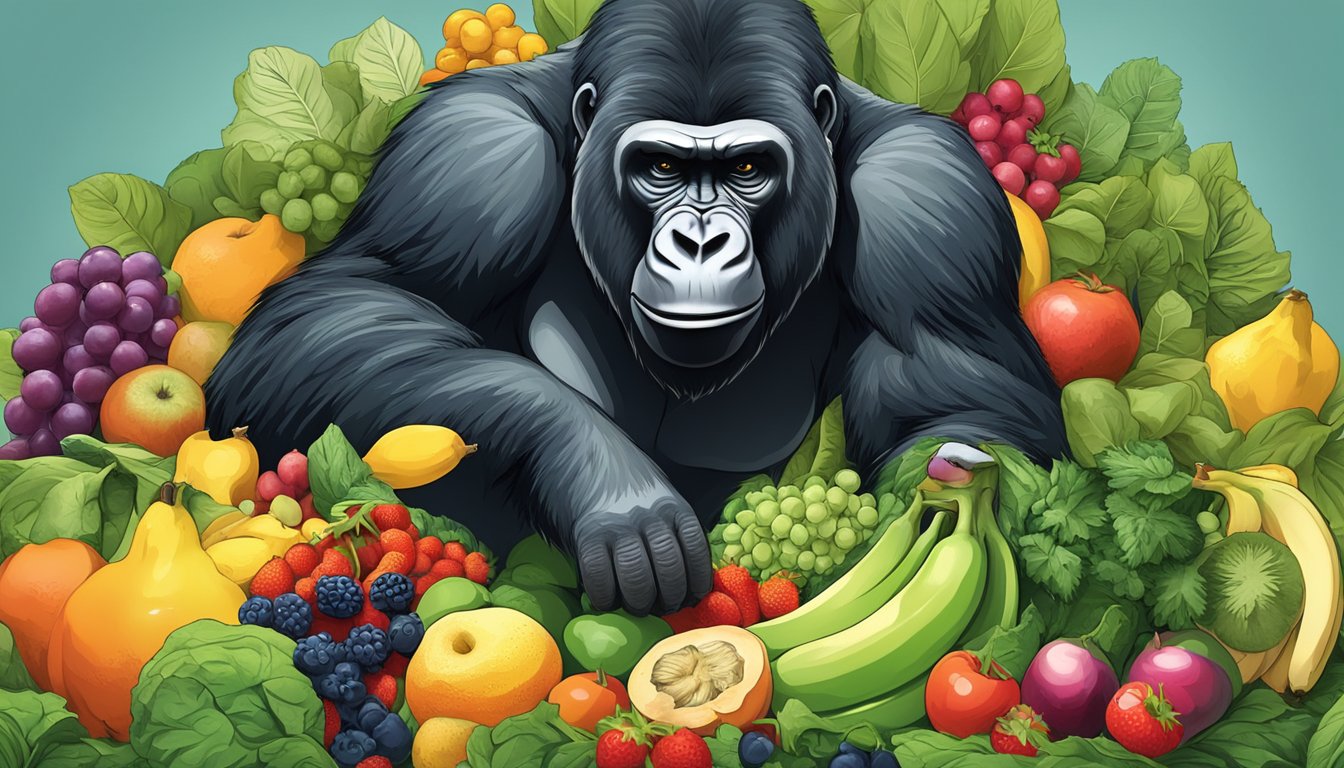 A gorilla munches on a variety of fruits and vegetables, including bananas, leafy greens, and berries, creating a colorful and nutritious profile