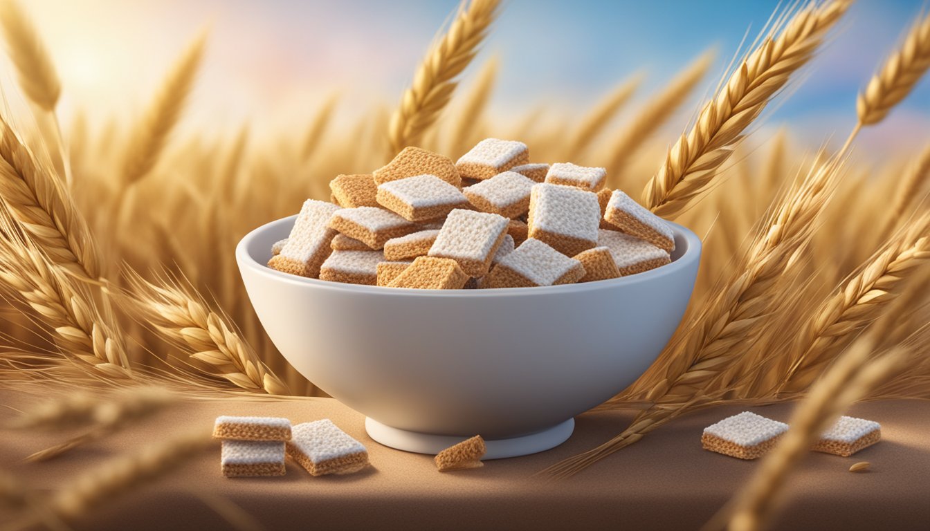 A bowl of frosted mini wheats surrounded by wheat stalks and a small sign with the brand and manufacturer's logo