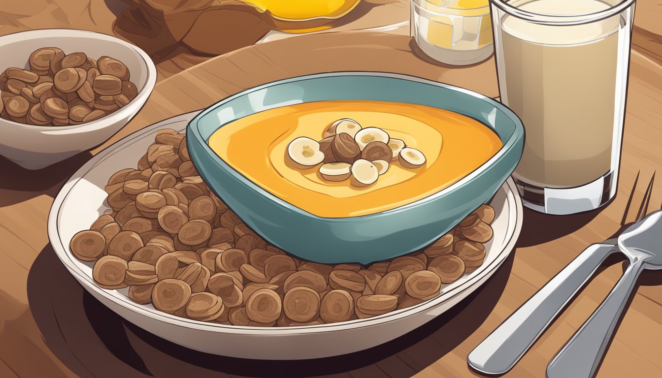 A bowl of Count Chocula cereal surrounded by milk, a banana, and a glass of orange juice on a breakfast table