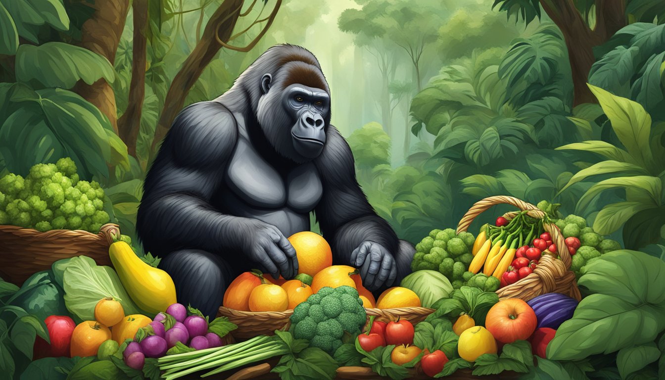 A gorilla munching on a pile of fresh fruits and vegetables in a lush jungle setting