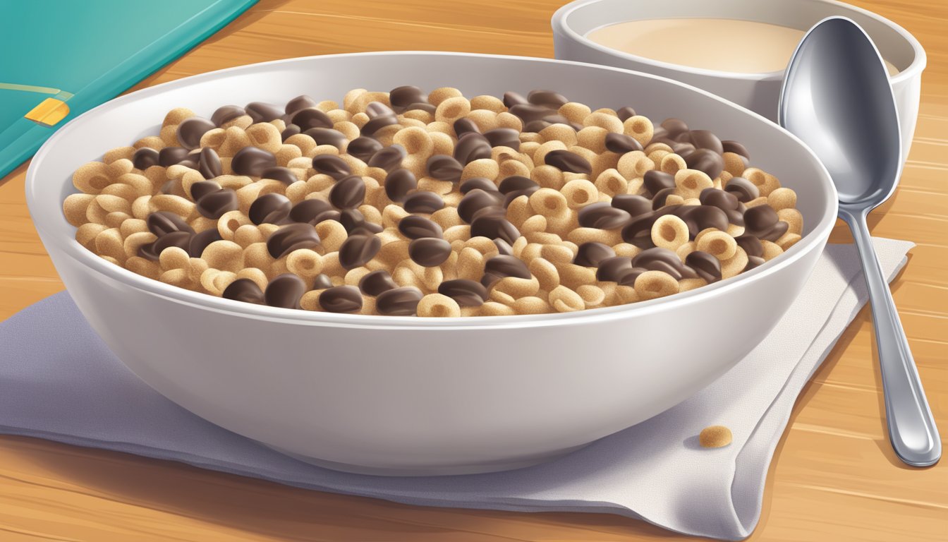 A bowl of Count Chocula cereal with milk, a spoon, and a nutrition label displayed prominently