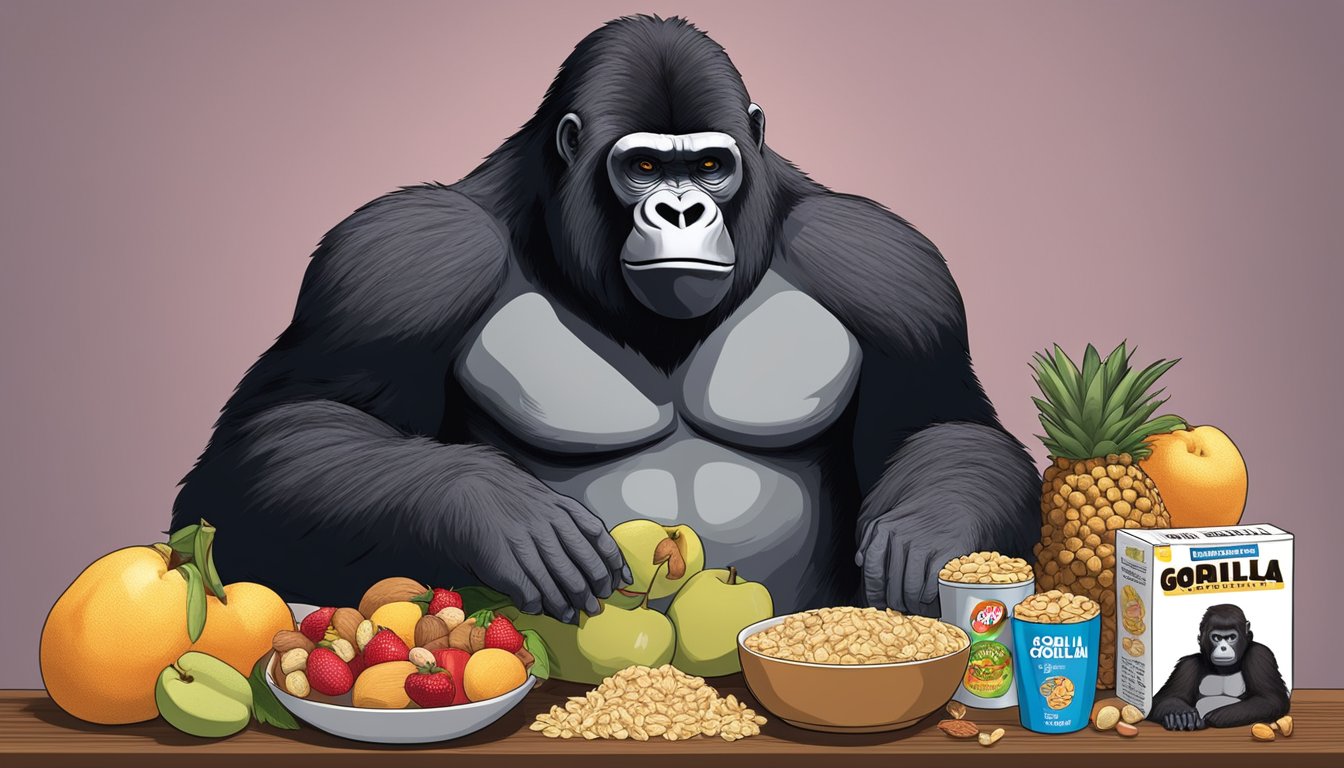 A gorilla sits at a table, surrounded by various fruits and nuts. In front of the gorilla is a box of "Gorilla Munch" cereal with the nutrition label prominently displayed