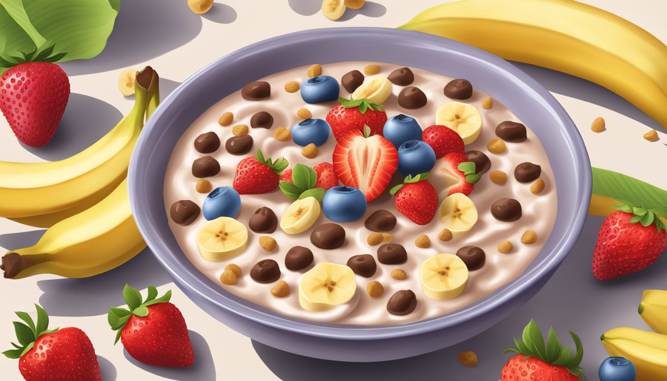 A bowl of Count Chocula cereal with milk, surrounded by fresh strawberries and bananas