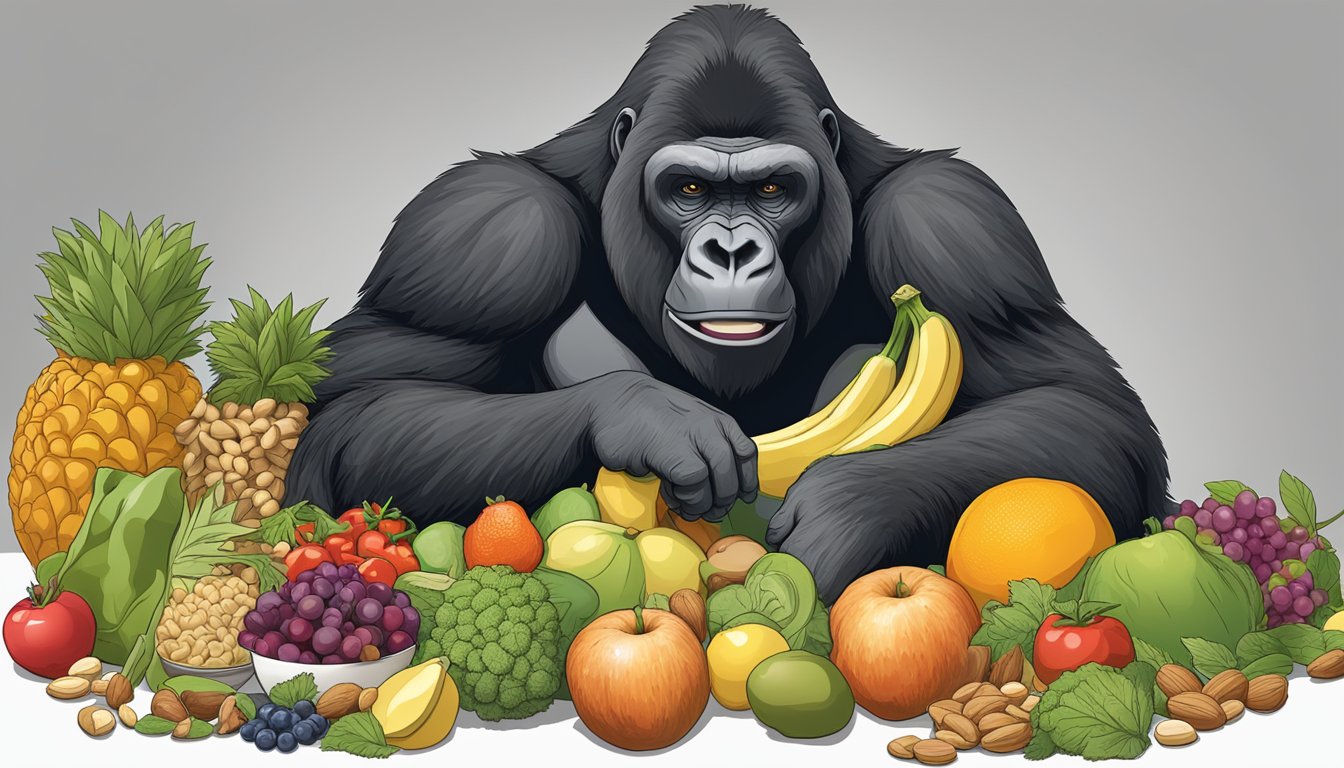 A gorilla munches on various foods, including fruits, vegetables, and nuts, as part of different diet plans