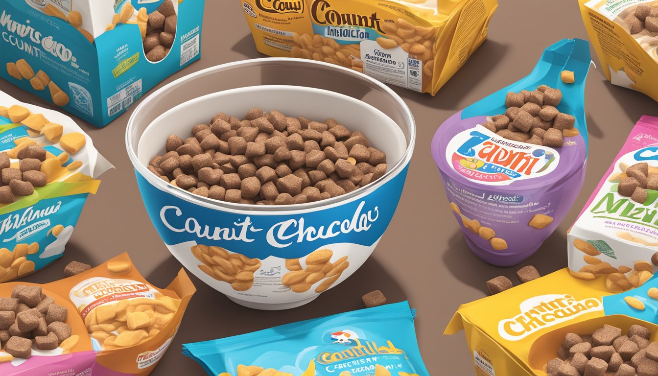 A bowl of Count Chocula cereal next to other cereal boxes, with nutrition labels visible