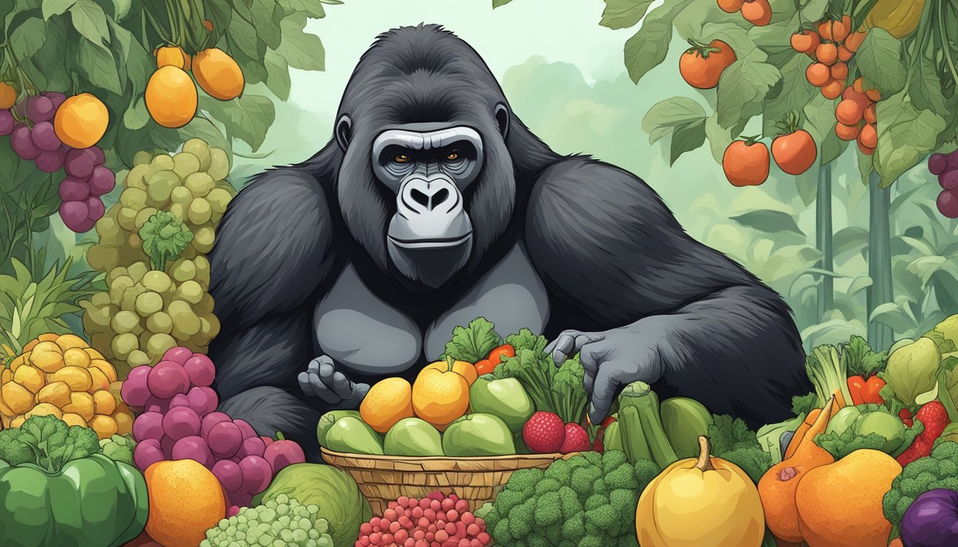 A gorilla munching on a pile of fruits and vegetables, with a nutritionist providing tips nearby