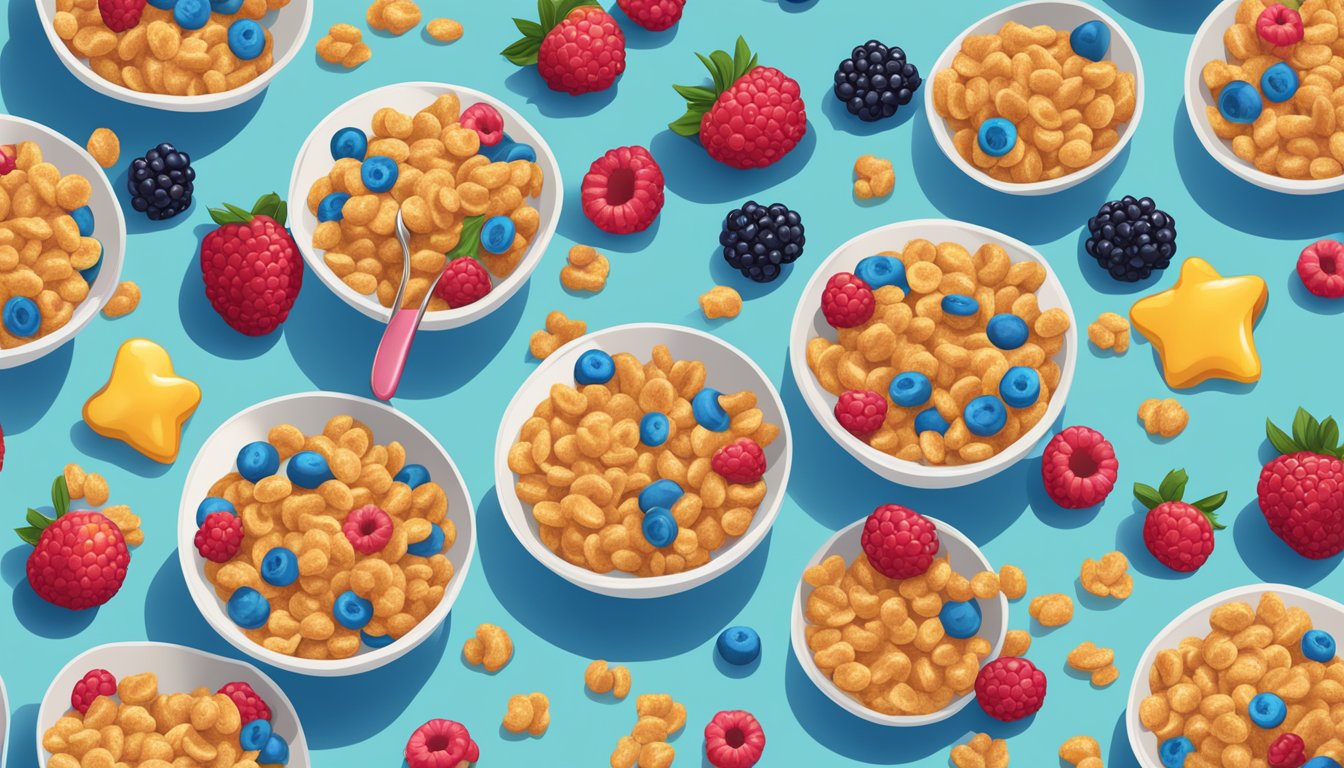 A bowl of Cap'n Crunch's Crunch Berries cereal with milk, surrounded by scattered berries and a spoon