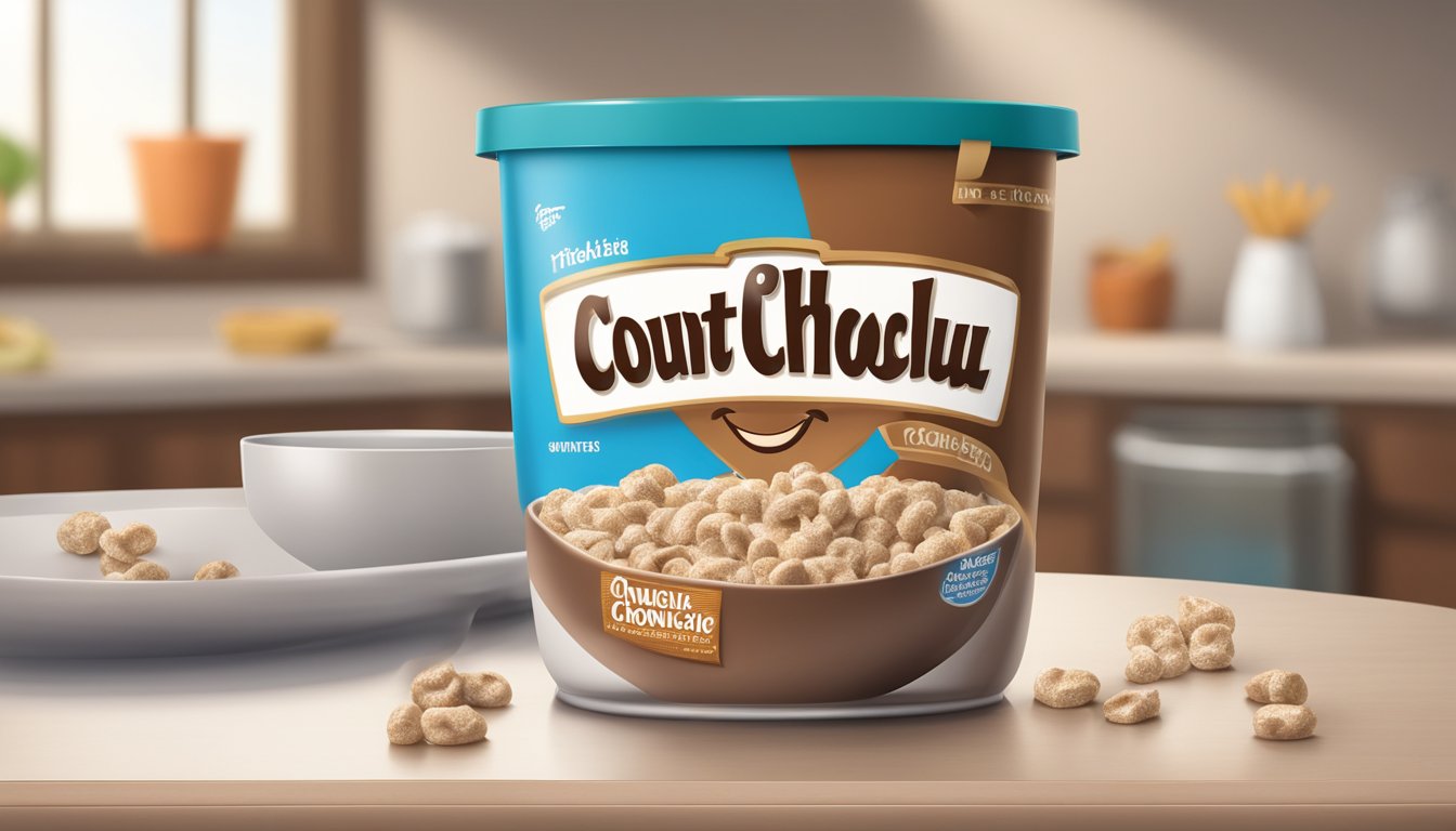 A bowl of Count Chocula cereal with a milk carton and a nutrition label on the table