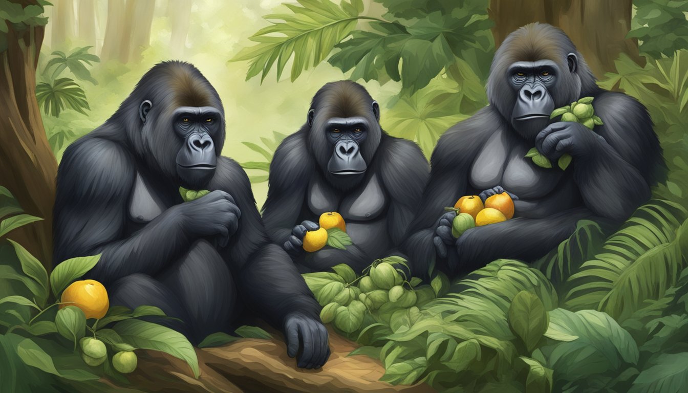 A group of gorillas peacefully munching on fruits and leaves in their natural habitat, surrounded by lush greenery and a serene atmosphere