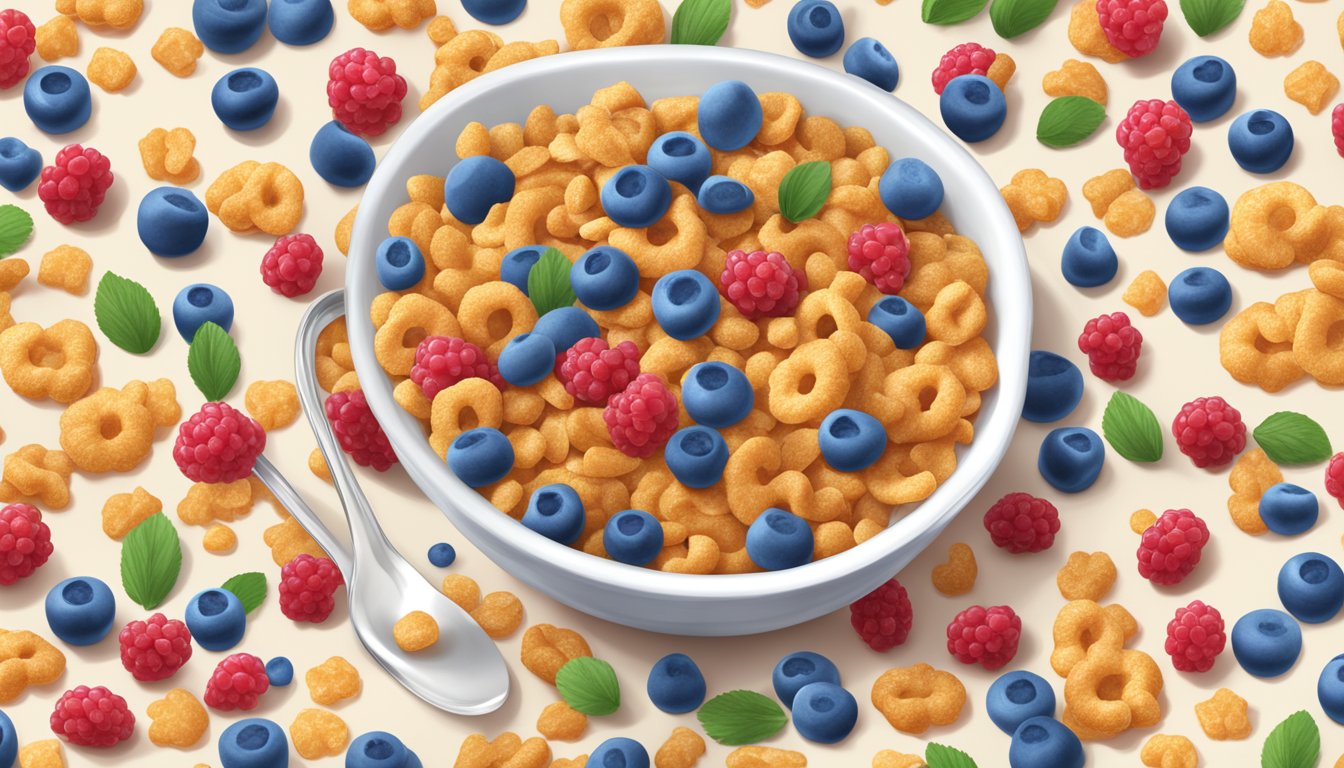 A bowl of Cap'n Crunch's Crunch Berries cereal with milk, surrounded by scattered berries and a spoon