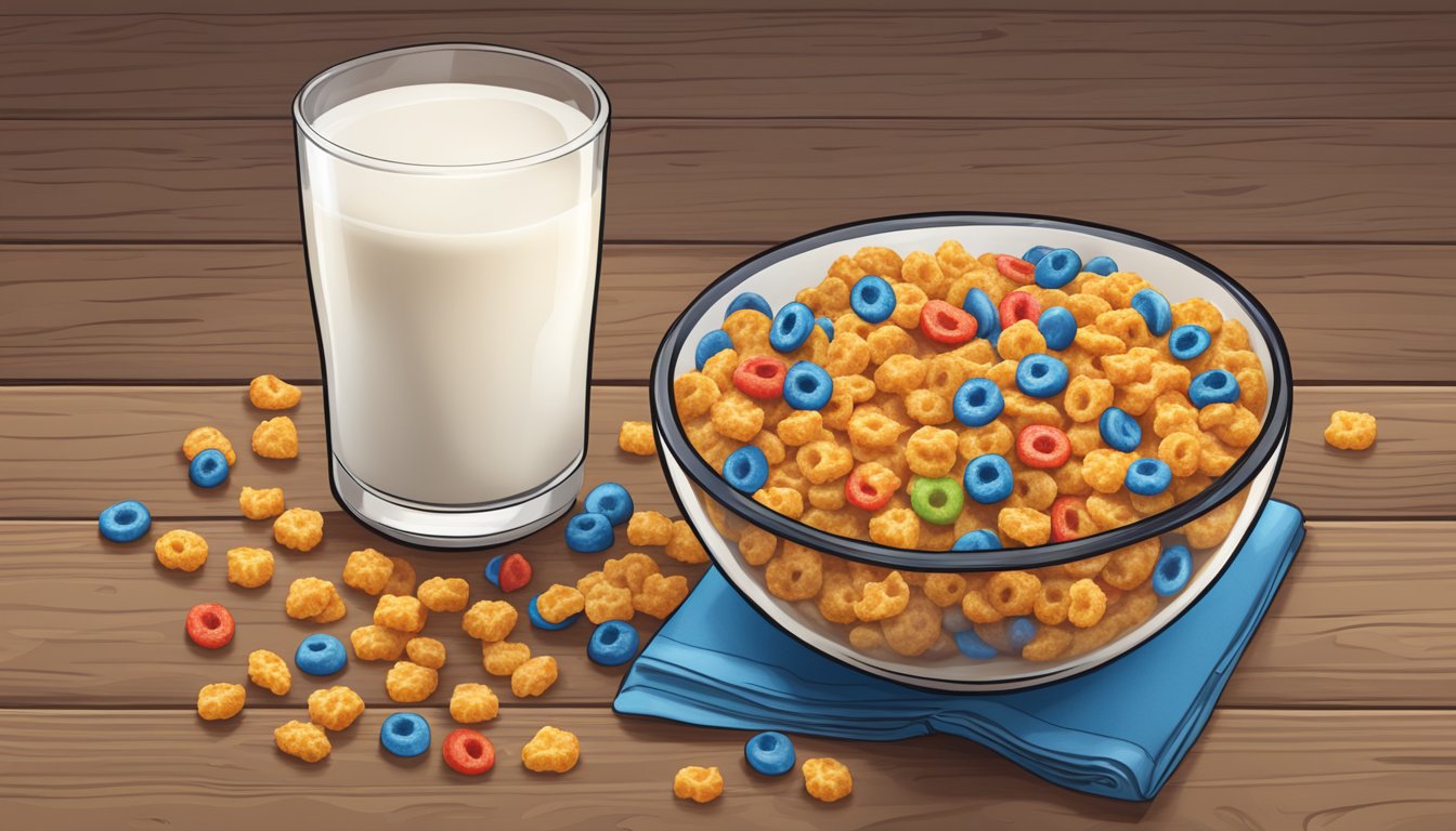 A bowl of Cap'n Crunch's Crunch Berries cereal with a glass of milk on a wooden table